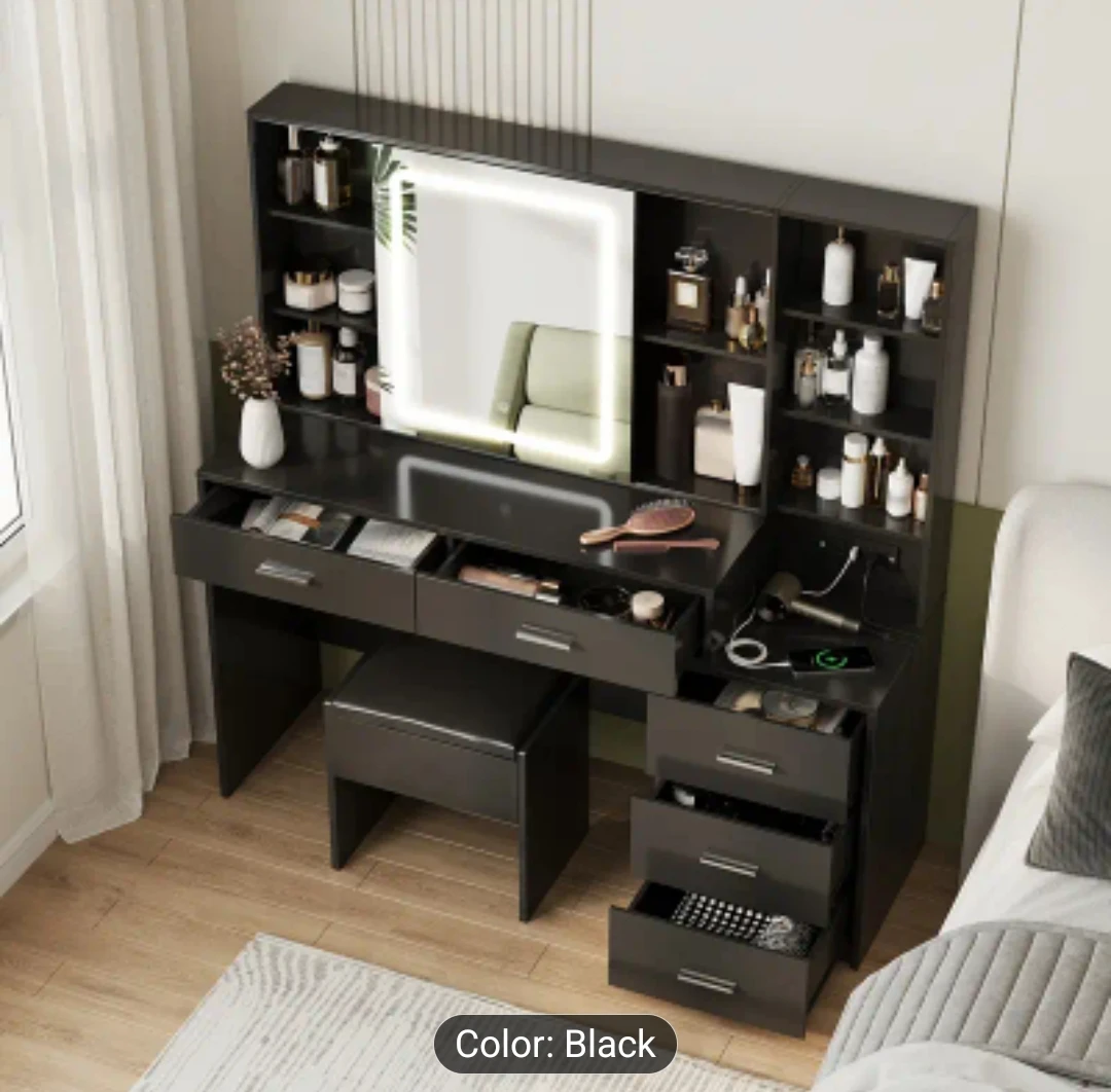 Stylish Black Vanity Table Featuring Mirrors And LED Lighting