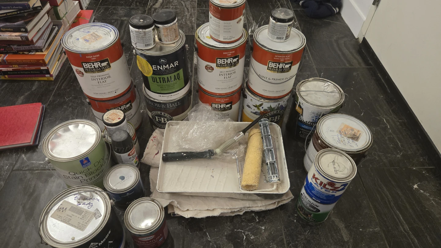Assorted Paint Cans and Supplies