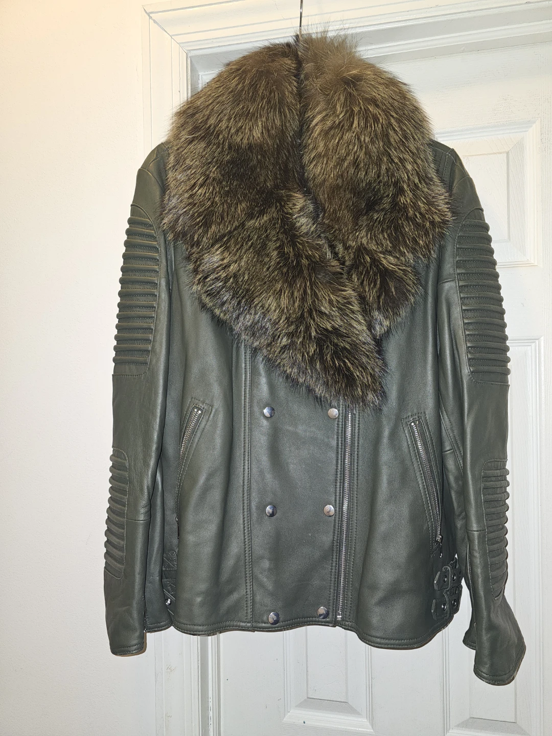 Men's Green Leather Biker Jacket with Fur Collar