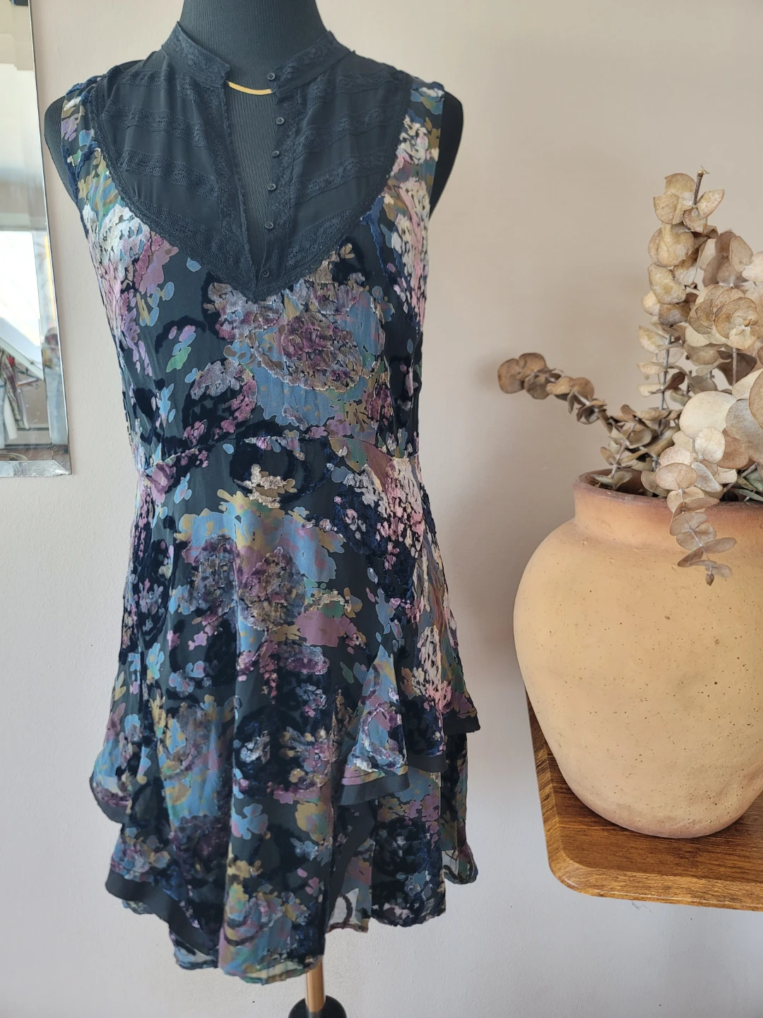 Free People Floral Velvet Burnout Dress Size 10 whimsical goth