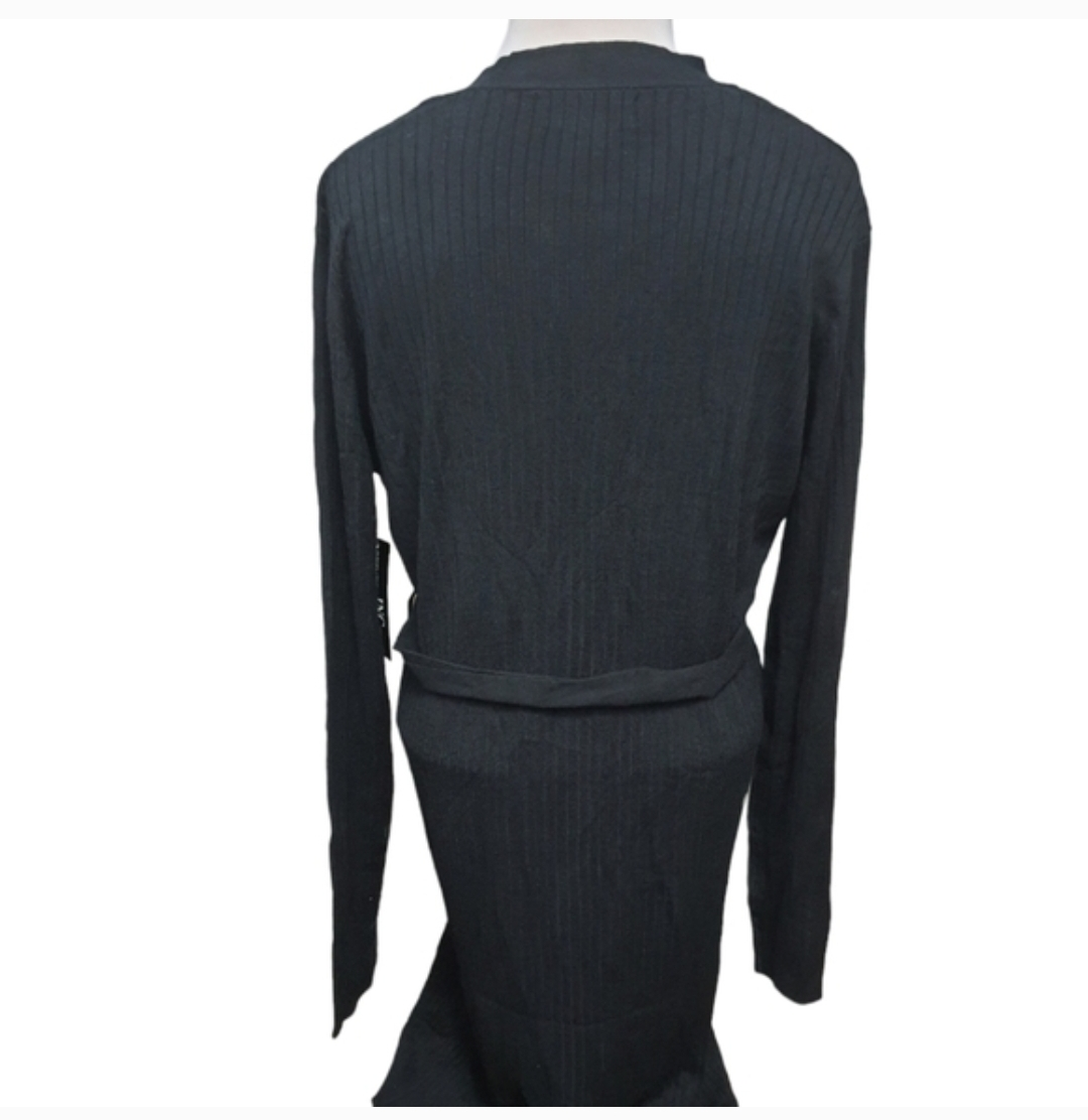 Black Ribbed V-Neck Button-Front Belted Cardigan Dress - photo 2