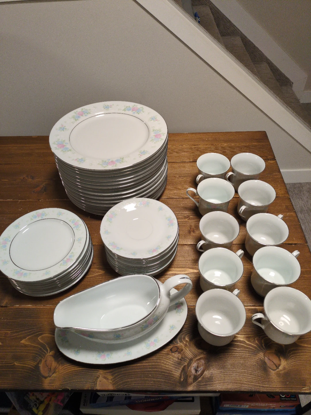 White Floral Dinnerware Set with Cups and Gravy Boat