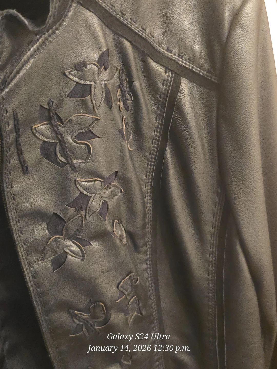 Black Leather Jacket with Floral Embroidery