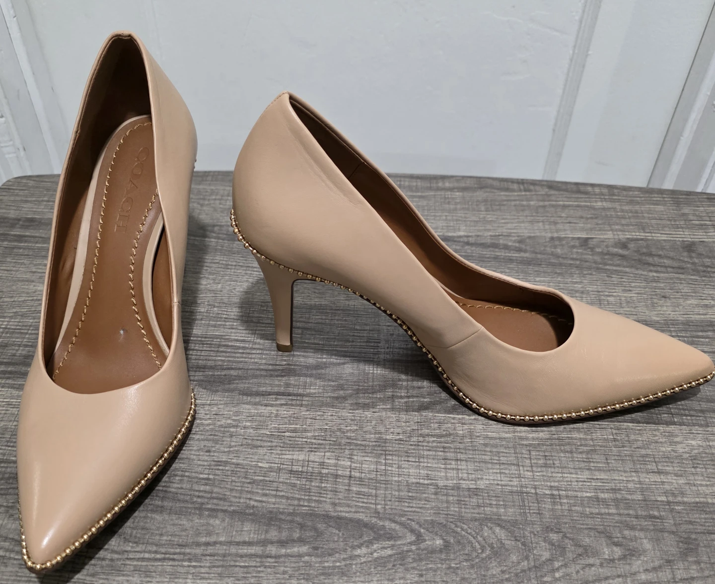 Coach Beige Leather Pointed Toe Studded Heels