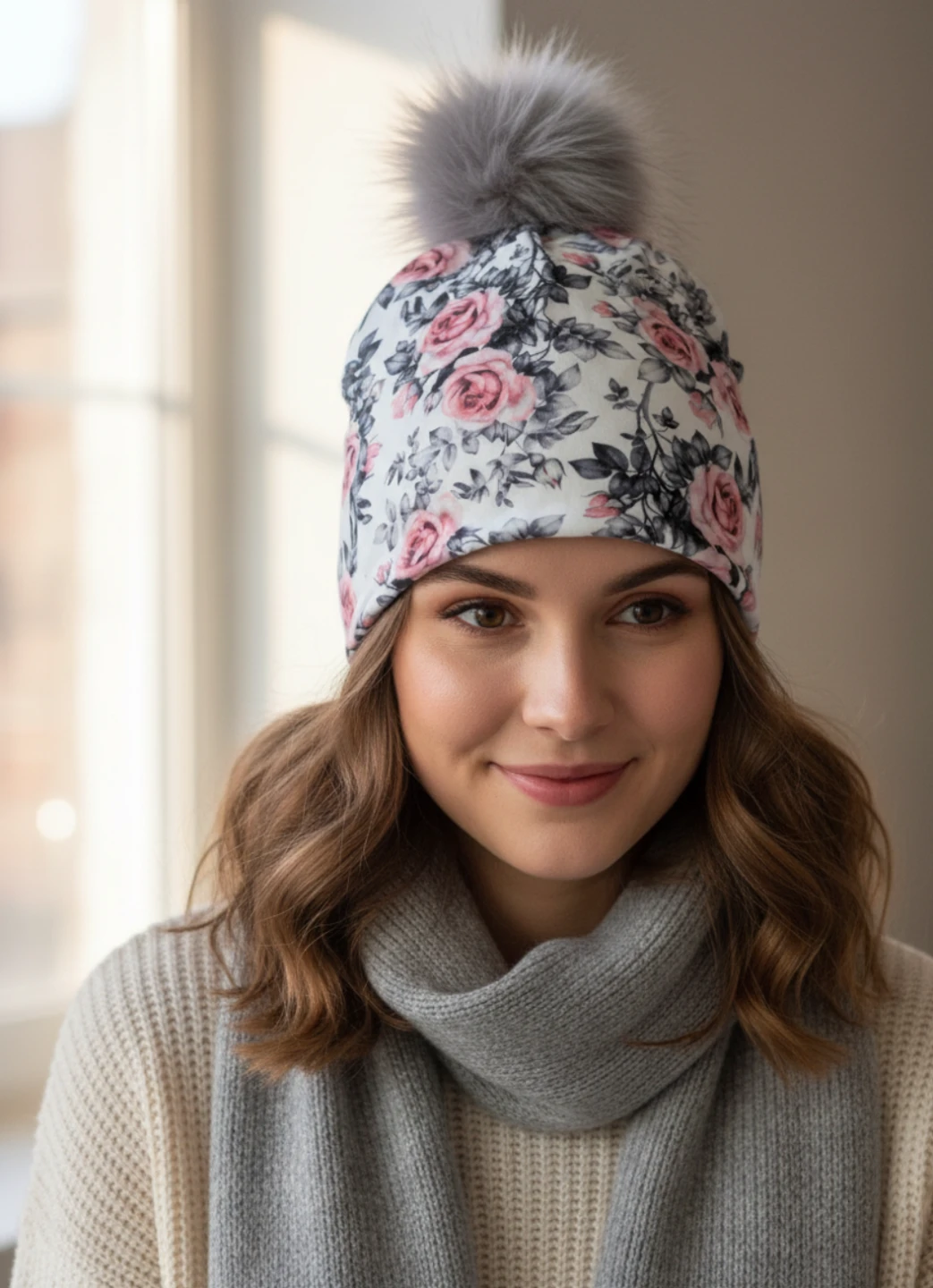Beanie with Pink Roses and Grey Pom Pom