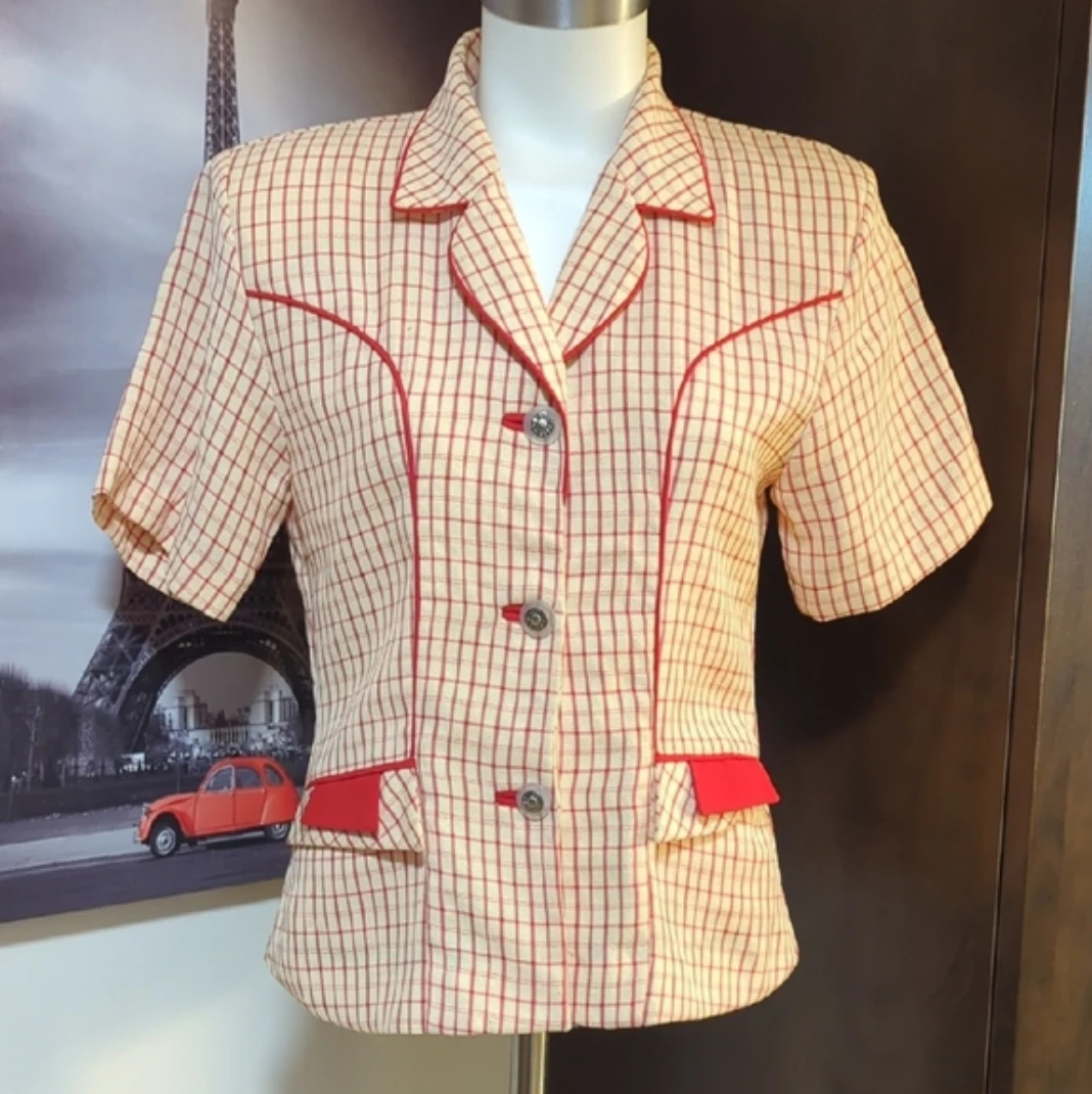 Women's Red and Cream Plaid Blazer
