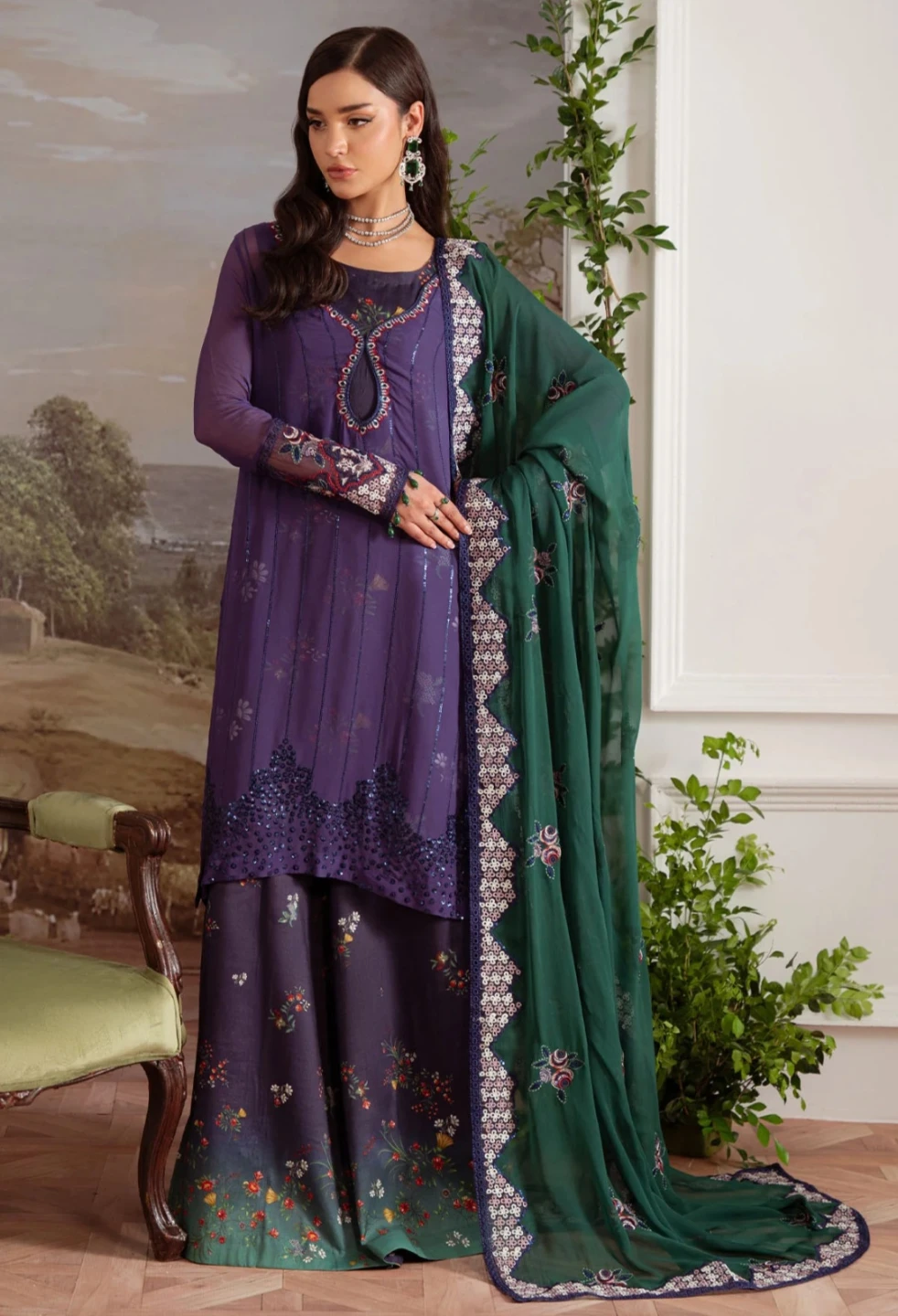 Women's Embroidered Kurta with Sharara Pants and Dupatta