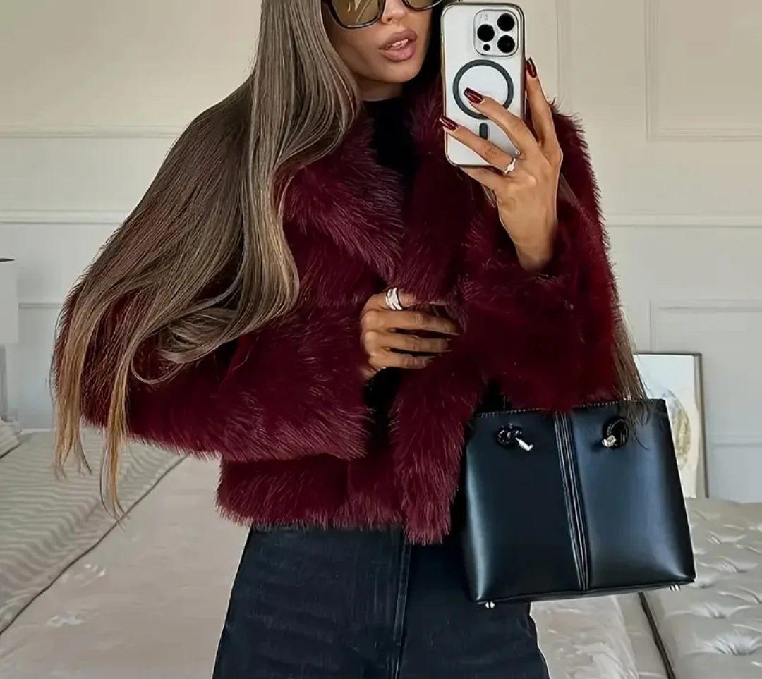 Burgundy Faux Fur Coat only small - photo 3