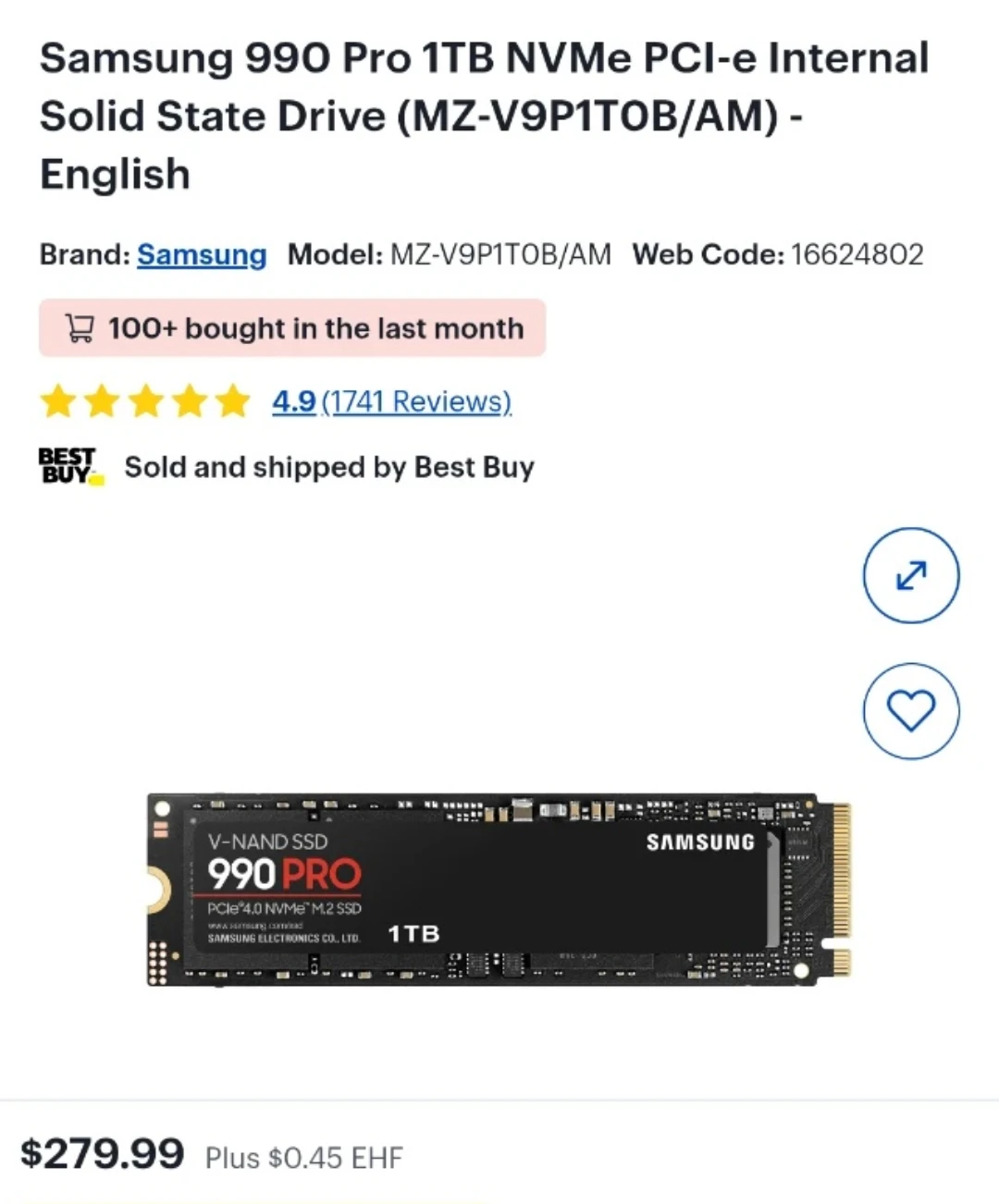 Samsung 990 Pro 1TB NVMe M.2 SSD