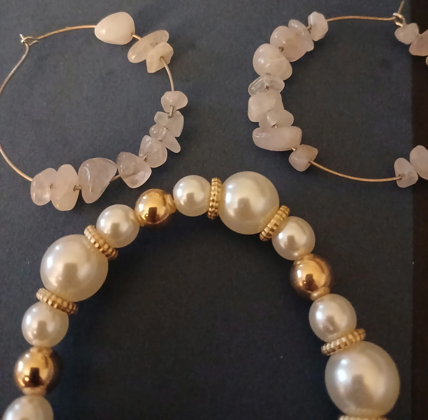Pearl and Gold Tone Bracelet with Natural Stone Hoop Earrings