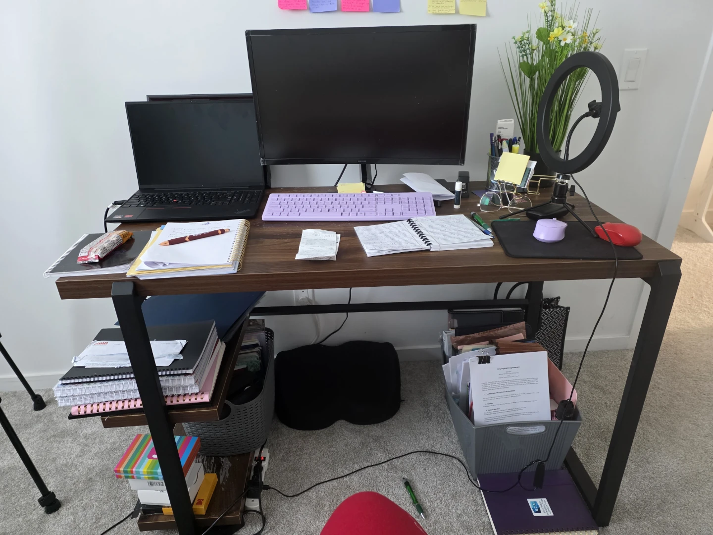 Wood grain desk with metal frame