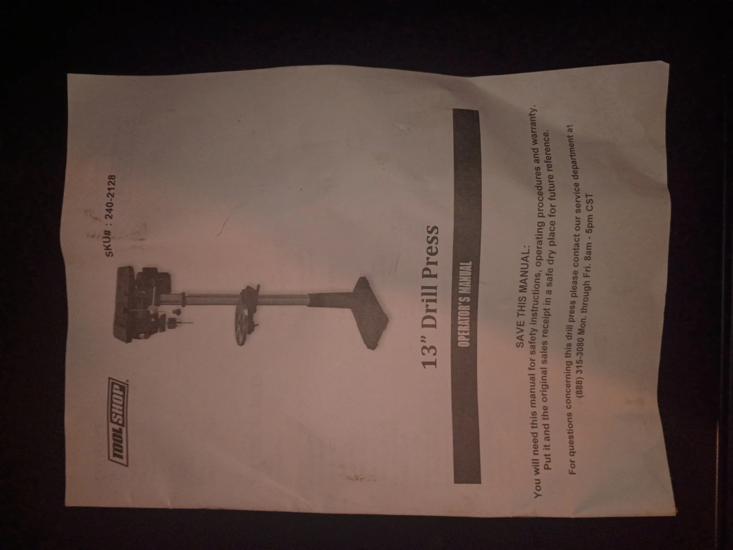 Tool Shop 13" Drill Press Operator's Manual