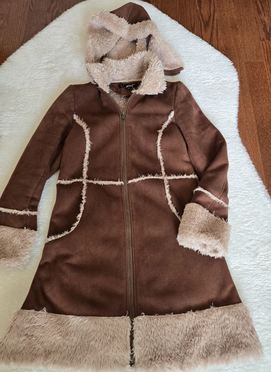 Brown Faux Suede & Fur Trim Coat