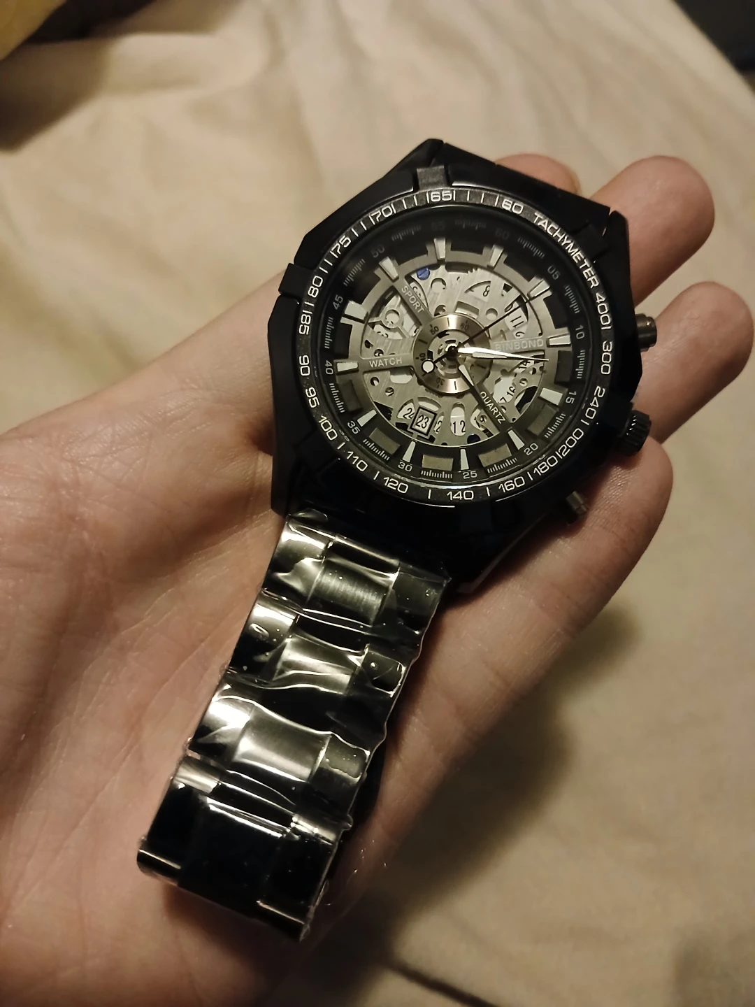 Black Skeleton Quartz Watch with Date Function - photo 4
