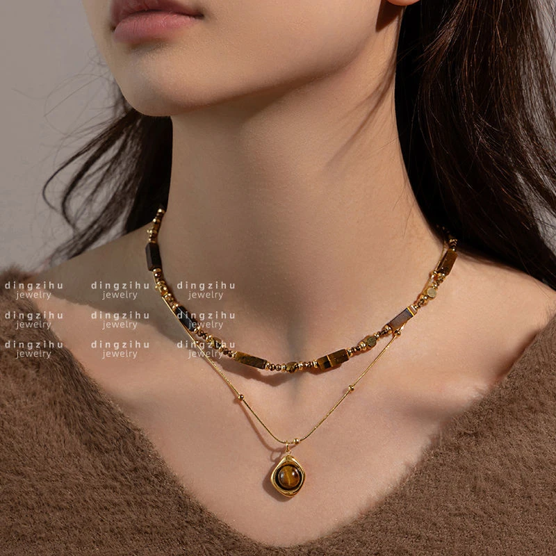Set of 2 Layered Necklaces with Tiger Eye Beads - photo 2