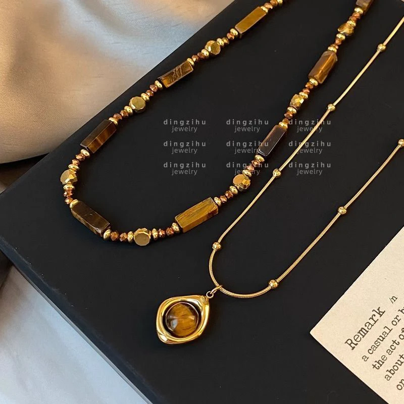 Set of 2 Layered Necklaces with Tiger Eye Beads - photo 3