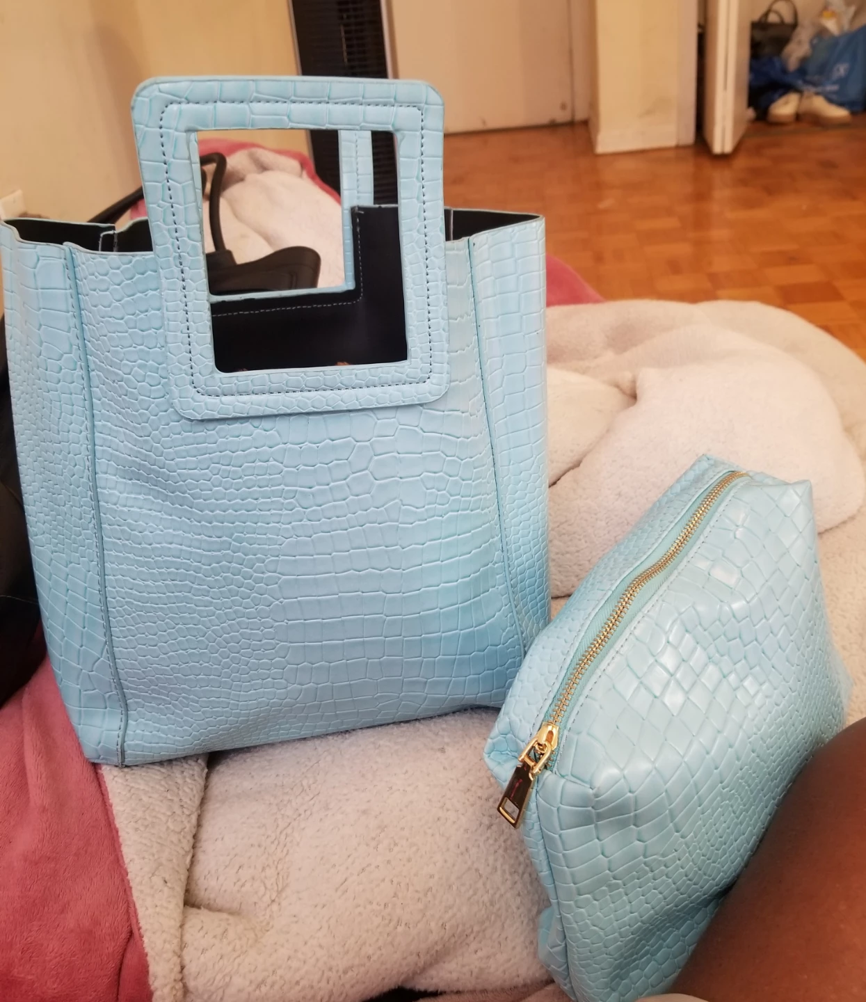 Baby Blue Faux Croc Tote Bag with Matching Pouch - photo 2