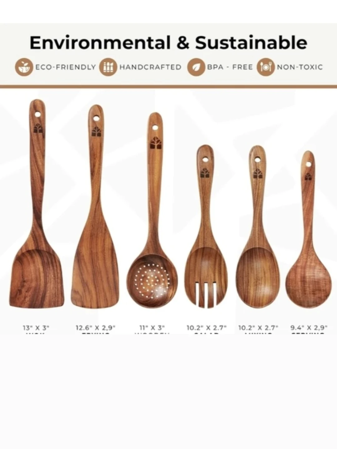 SET OF 6 WOODEN COOKING SPOONS, FORK, UTENSILS, NEW - photo 2