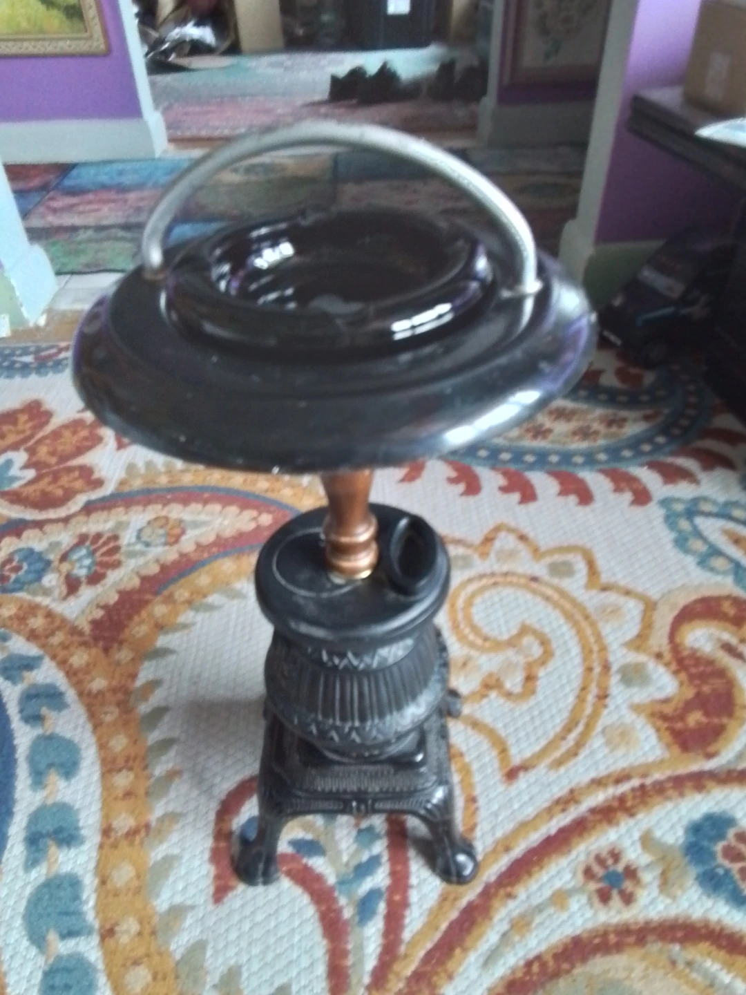 Cast Metal Ashtray Stand with Glass Ashtray Art Deco