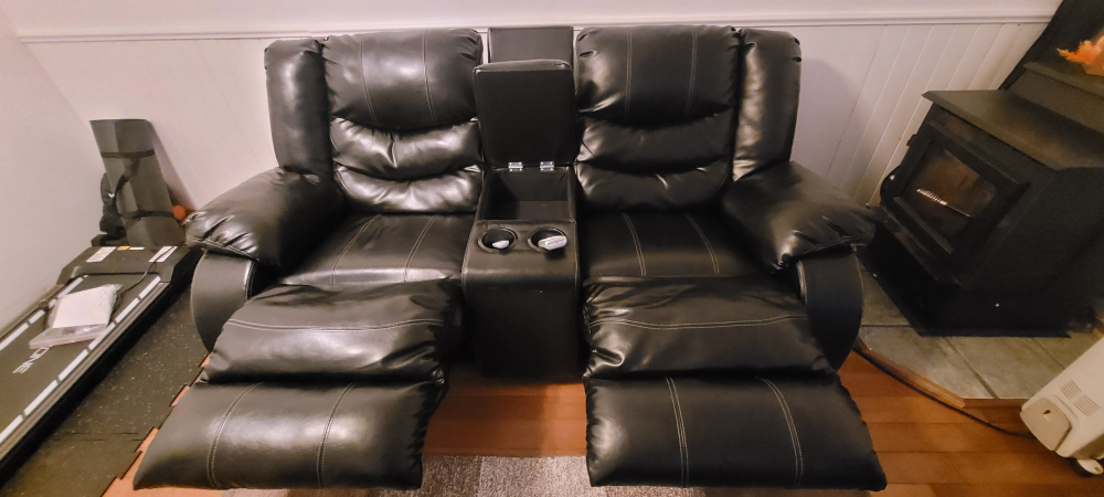 Black Faux Leather sofa Recliner+ Cup Holders/ Storage Console - photo 2