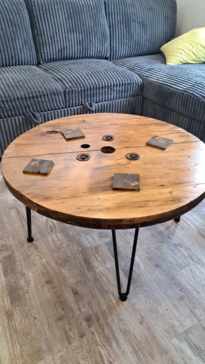 Rustic Wooden Spool Coffee Table with Hairpin Legs