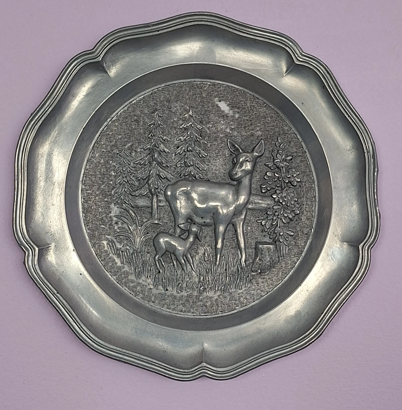 Vintage Pewter Wall  Plate with Deer and Fawn Scene