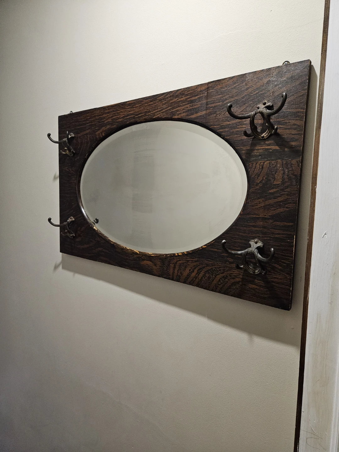 Vintage Oval Mirror with Coat Hooks