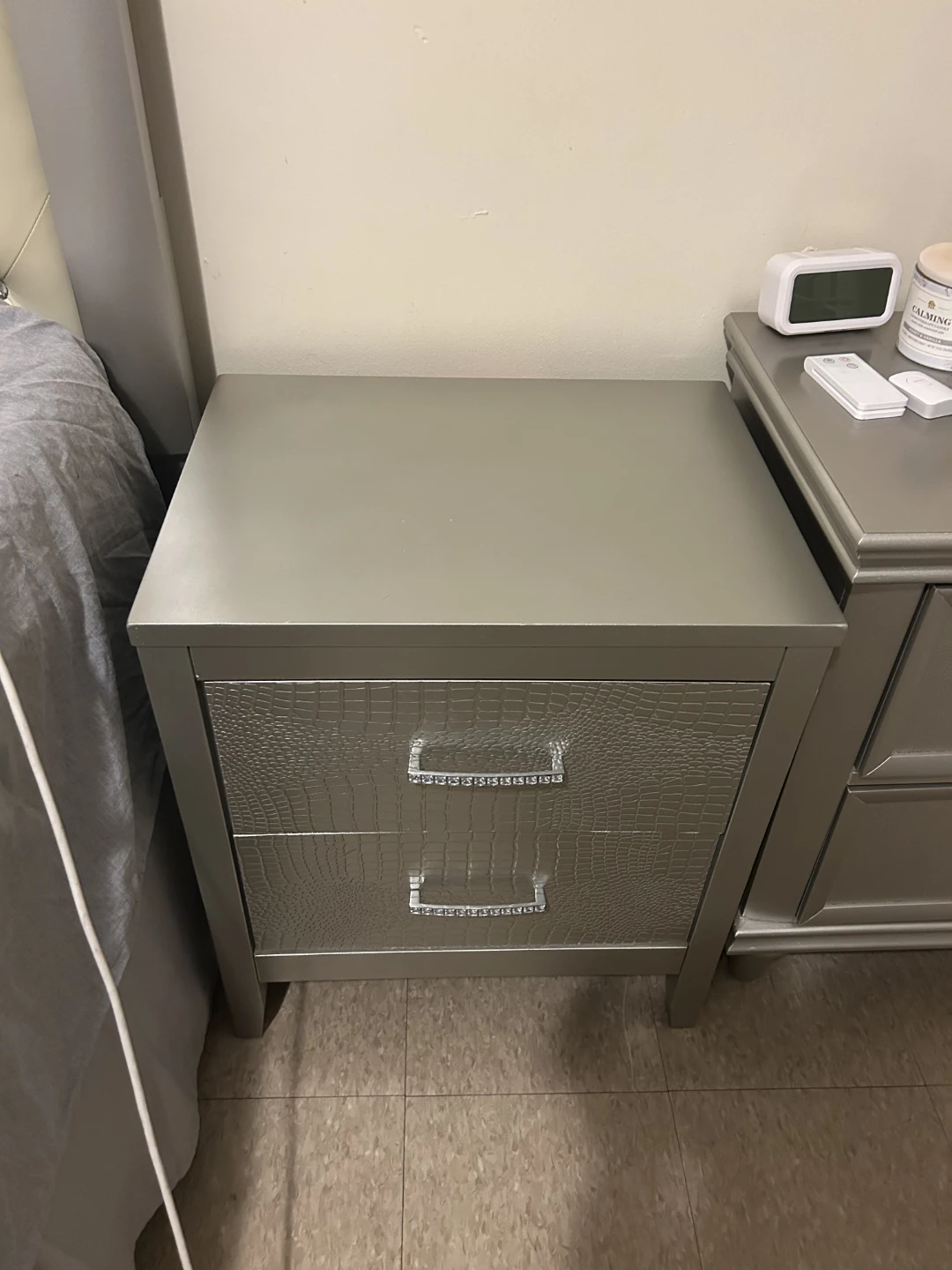 Silver 2-Drawer Nightstand with Crocodile Embossed Drawer Fronts