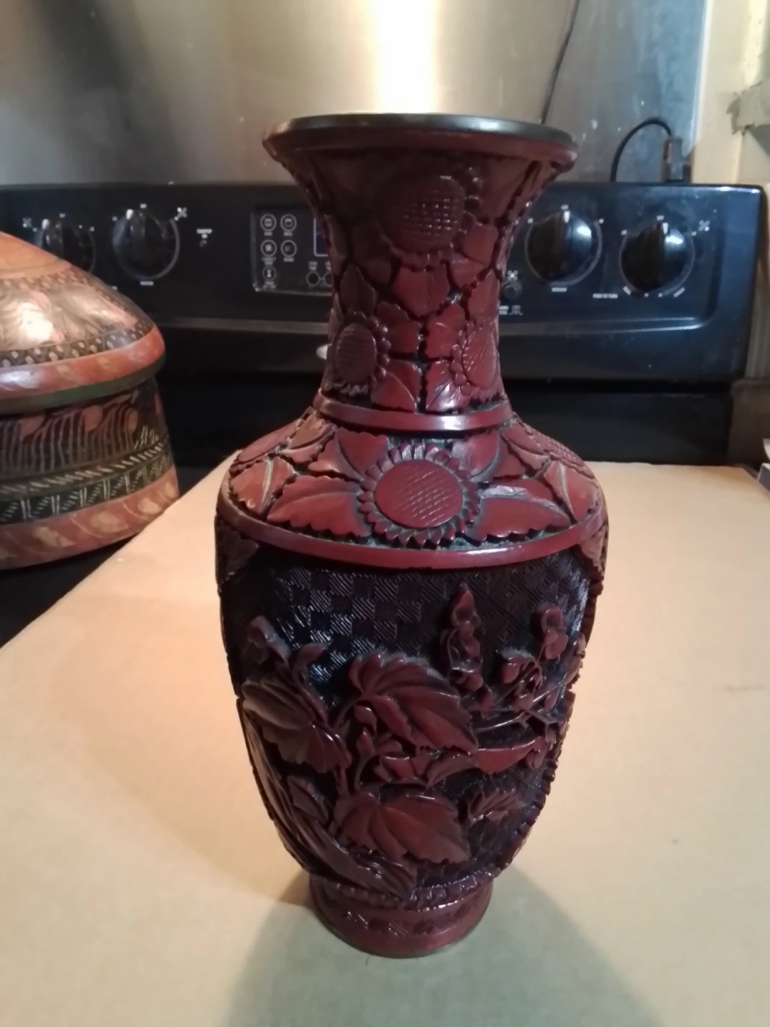 Carved Cinnabar Vase with Brass Interior >9"