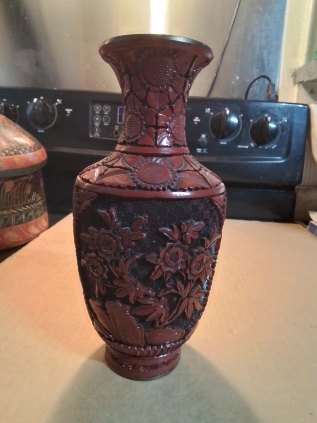 Carved Cinnabar Vase with Brass Interior >9" - photo 3