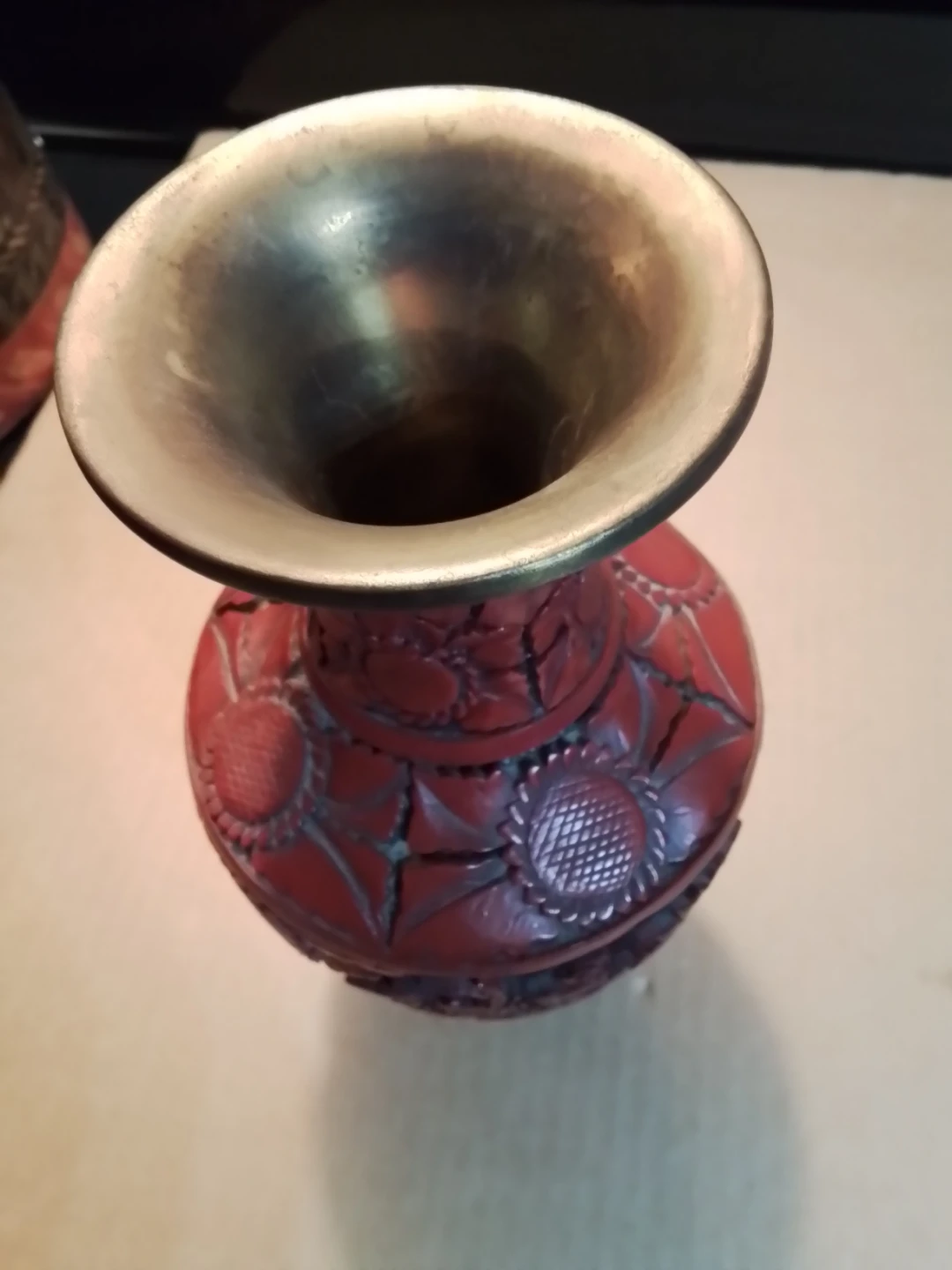 Carved Cinnabar Vase with Brass Interior >9" - photo 4