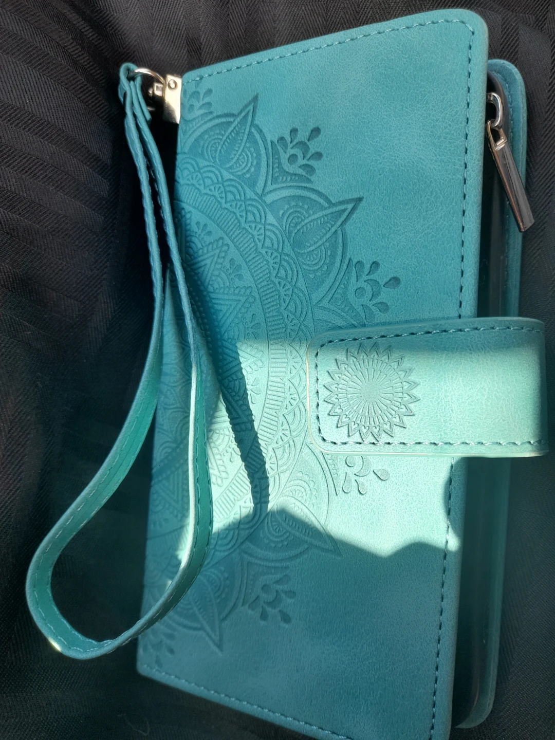 Teal Mandala Wallet Phone 13 Case with Wrist Strap