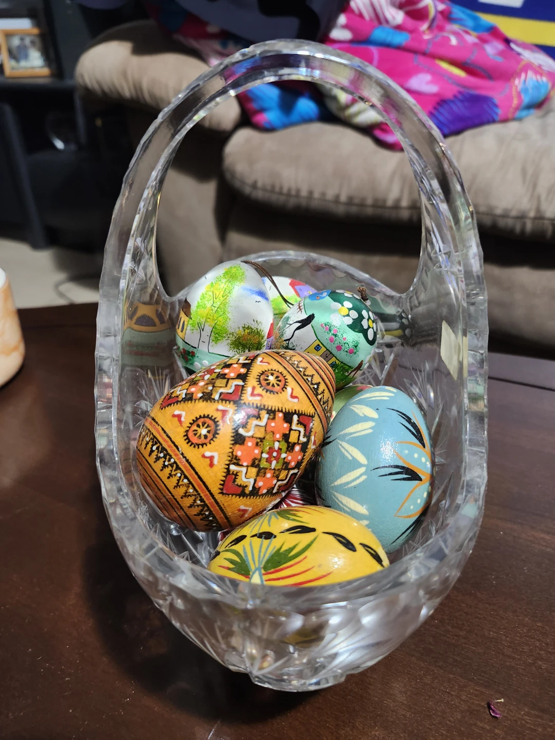 Polish Hand Painted Easter Eggs in Crystal Basket