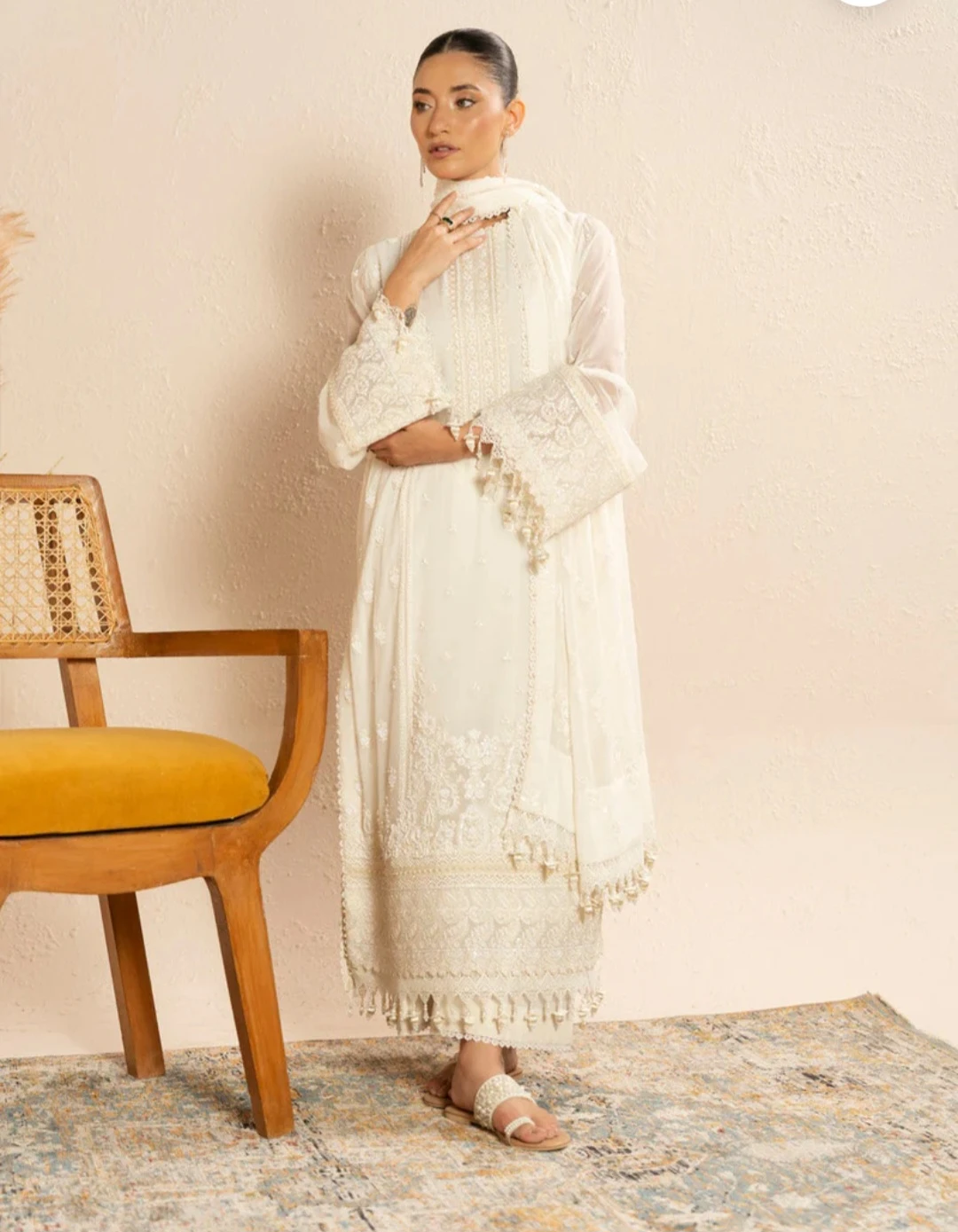 Women's White Embroidered Kameez Shalwar with Dupatta