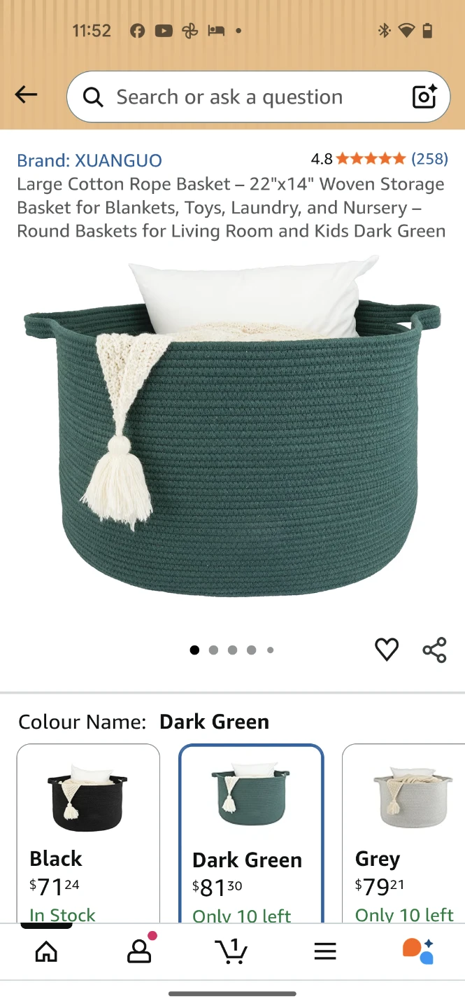 XUANGUO Large Cotton Rope Basket - 22"x14" Dark Green