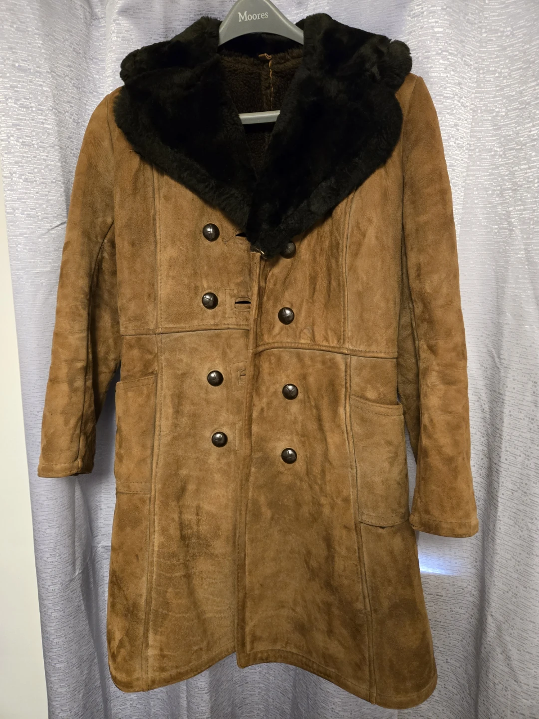 Vintage  Brown Suede Double-Breasted Shearling Lined Coat