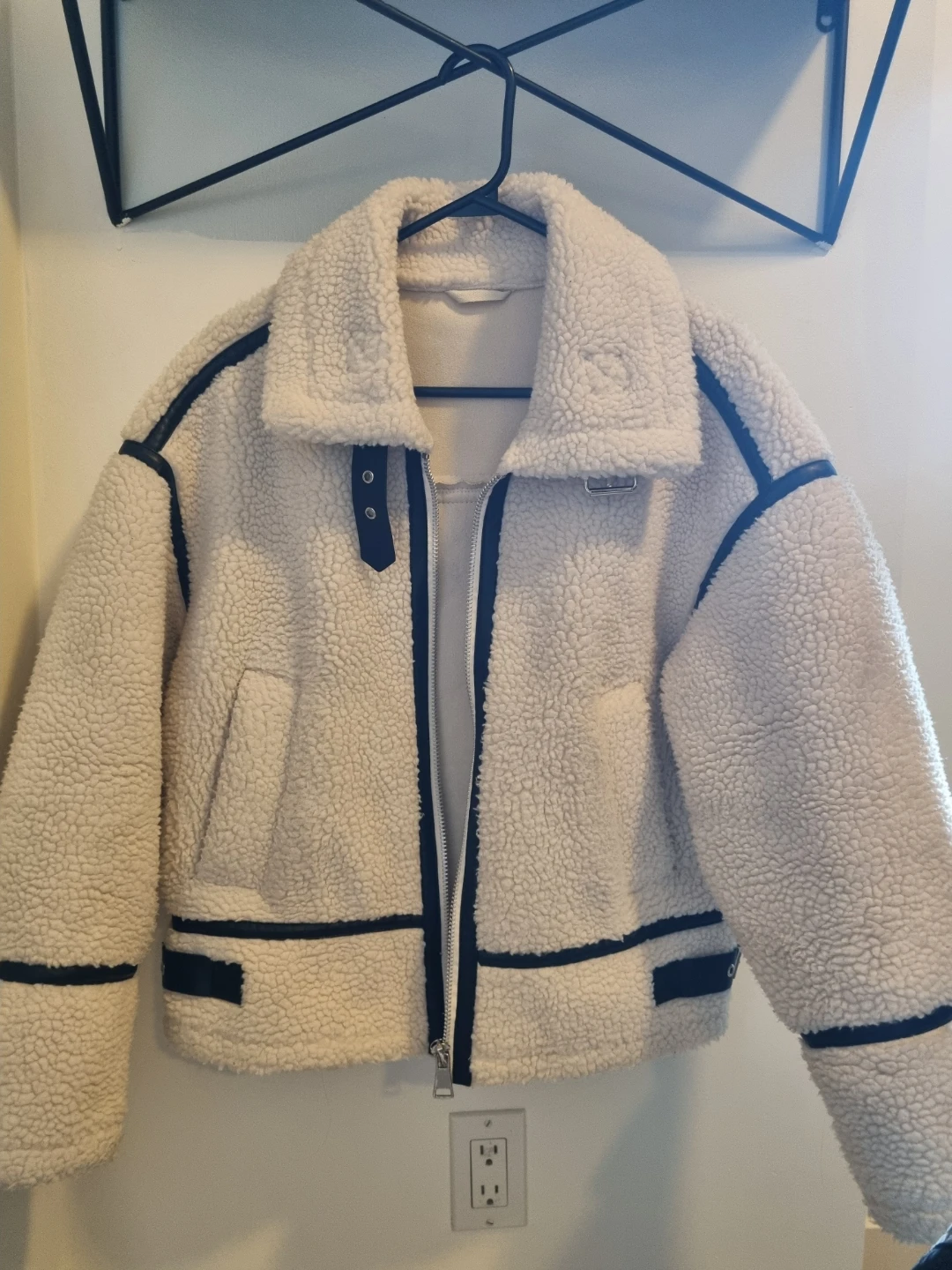 Cream Sherpa Aviator Jacket, Teddy Jacket like Zara White/Black