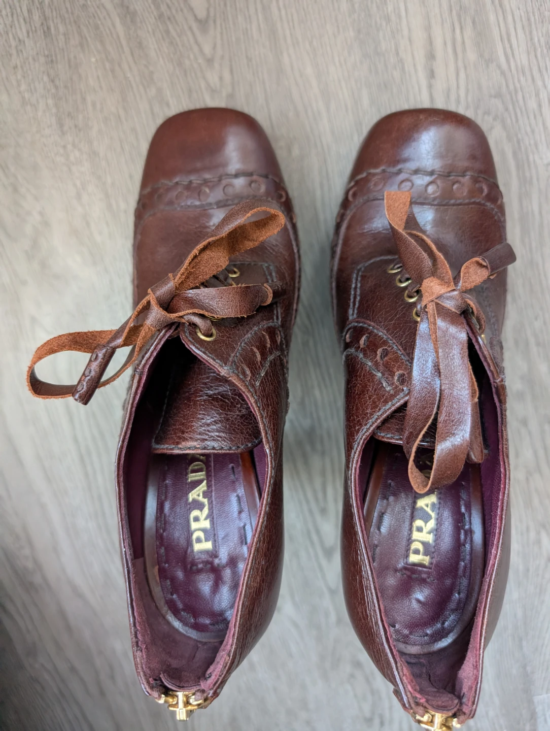 Prada Brown Leather Brogue Heel Oxfords