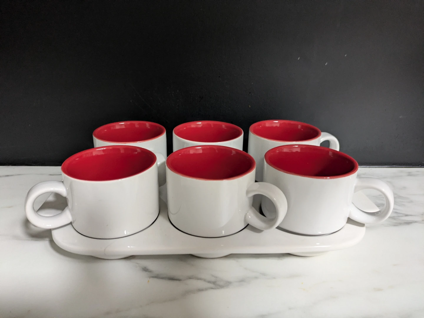 Crate & Barrel Stoneware Mugs Set of 6 White with Red Interior - photo 2