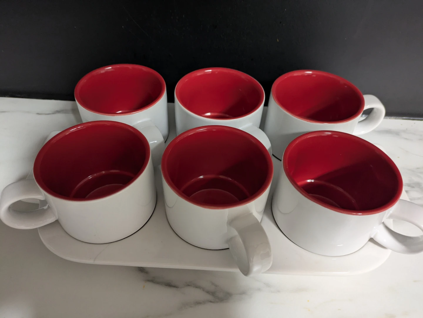 Crate & Barrel Stoneware Mugs Set of 6 White with Red Interior - photo 3