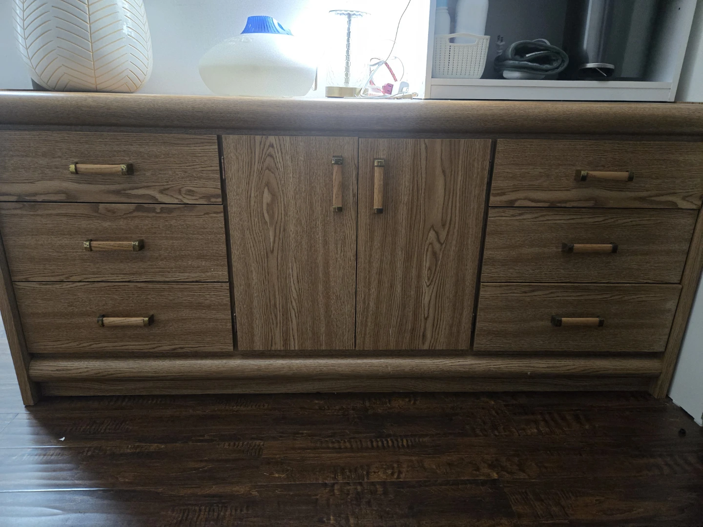 Vintage Wood Dresser with 6 Drawers and 2 Doors
