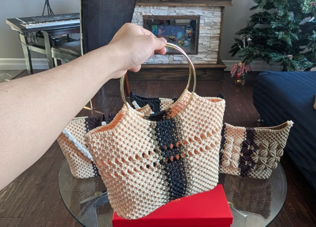 Macrame Handle Bag Set with Gold Handles