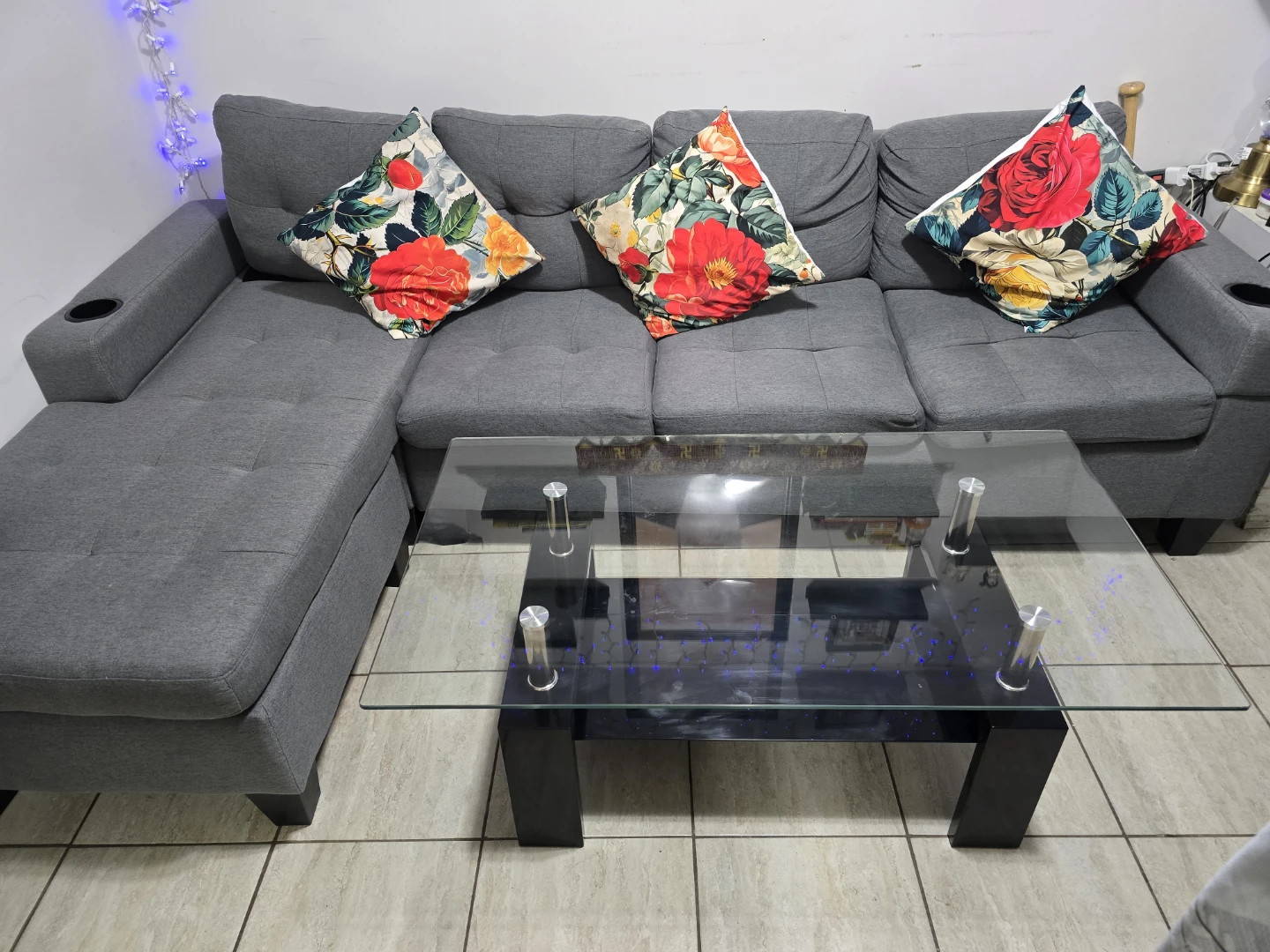 Grey Sectional Sofa with Floral Toss Pillows