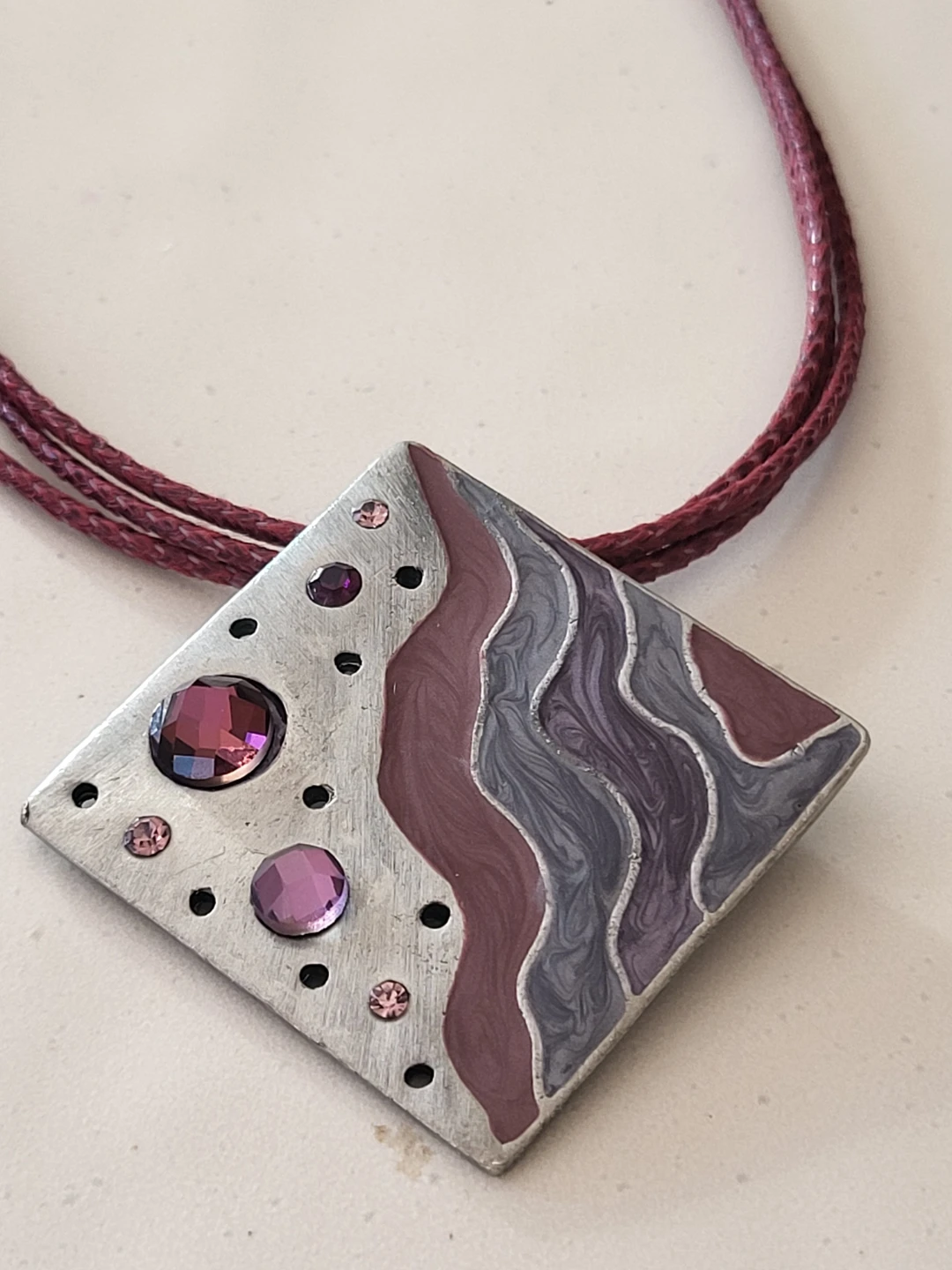 Square Pendant Necklace with Purple Gems