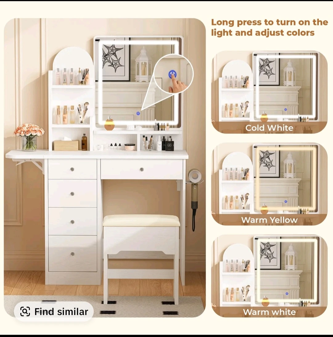 White Vanity Dressing Table Set with LED Mirror and Stool🏆 - photo 4