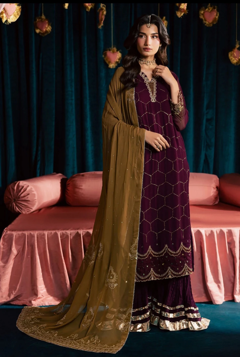 Women's Embroidered Burgundy & Gold Salwar Kameez