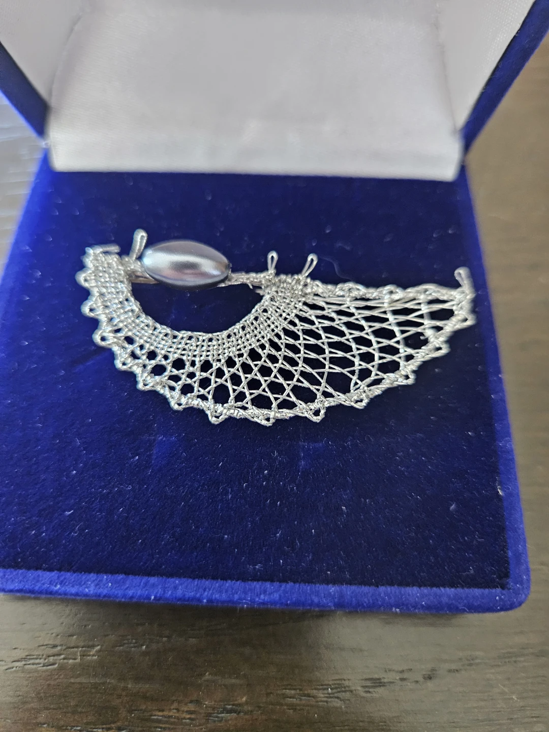 Silver Tone Lace Brooch with Pearl Accent