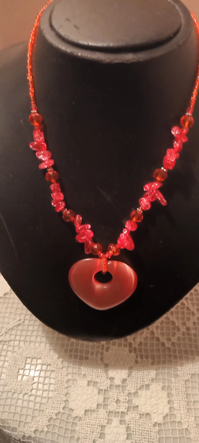 Orange  Beaded Necklace with Heart Pendant