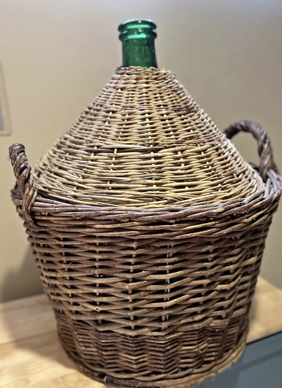 Large Green Glass Demijohn Bottle in Wicker Basket - photo 3