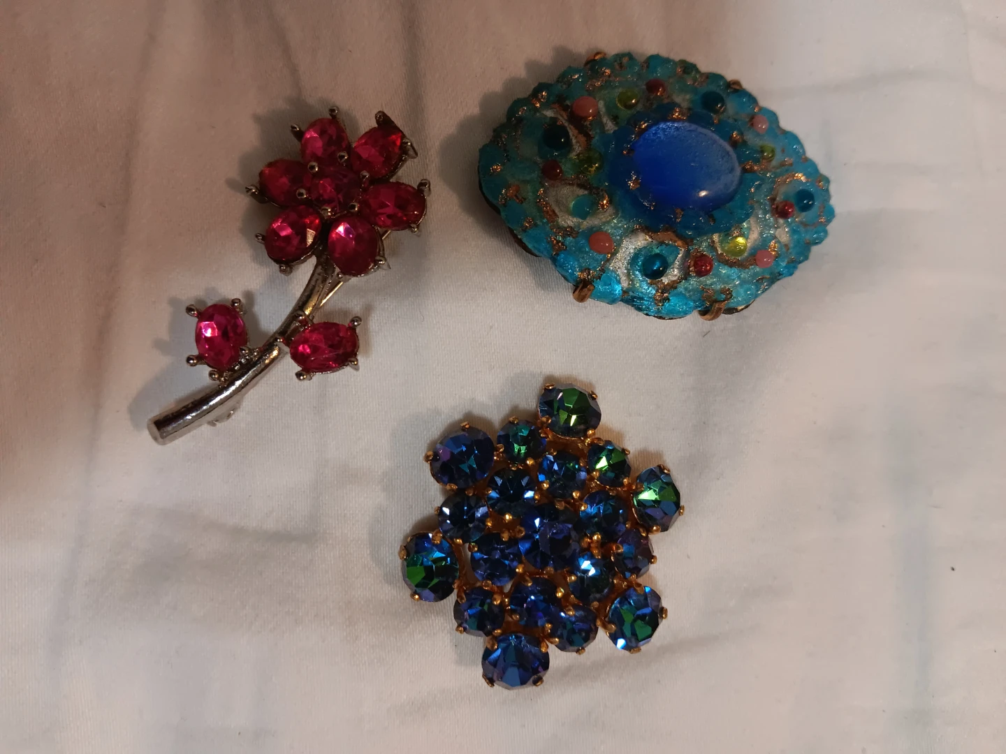 3 Brooches - Flower, Blue Sparkly, and Green/Blue Cluster